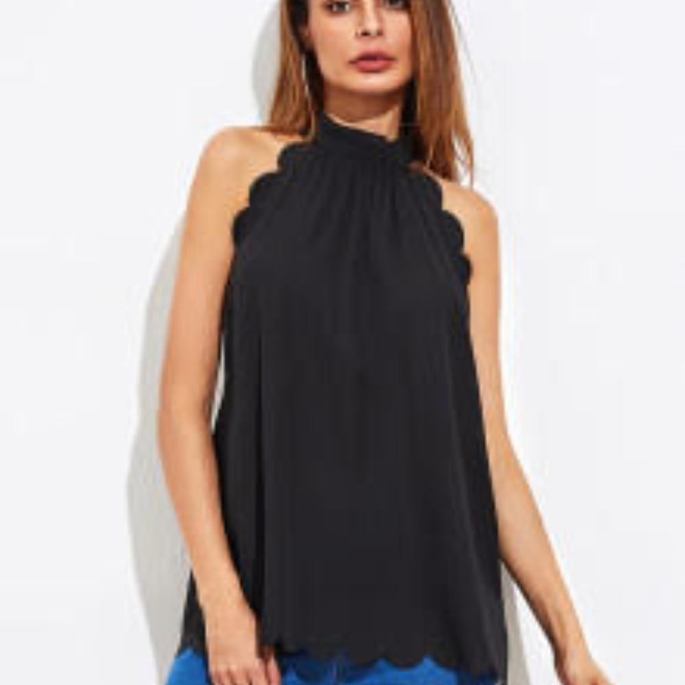 Scallop Trim Black Halter Top - Picture 2 of 3